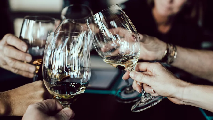 People clinking wine glasses in celebration.