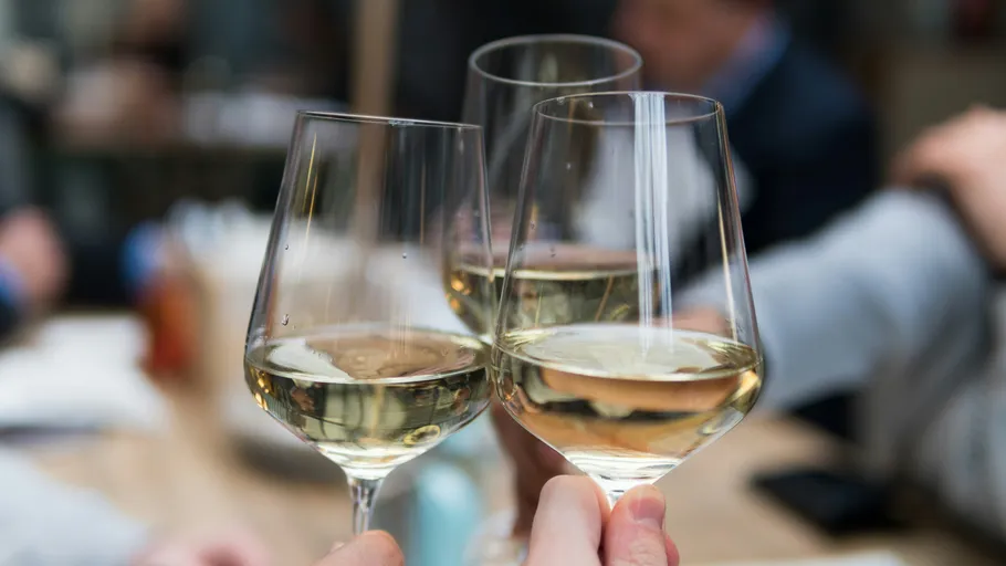 Three people toasting with white wine glasses.
