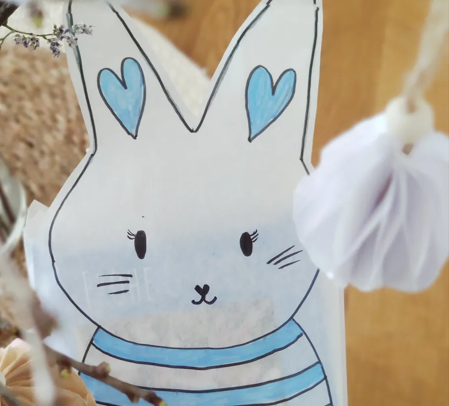 Paper bunny with blue heart ears displayed.