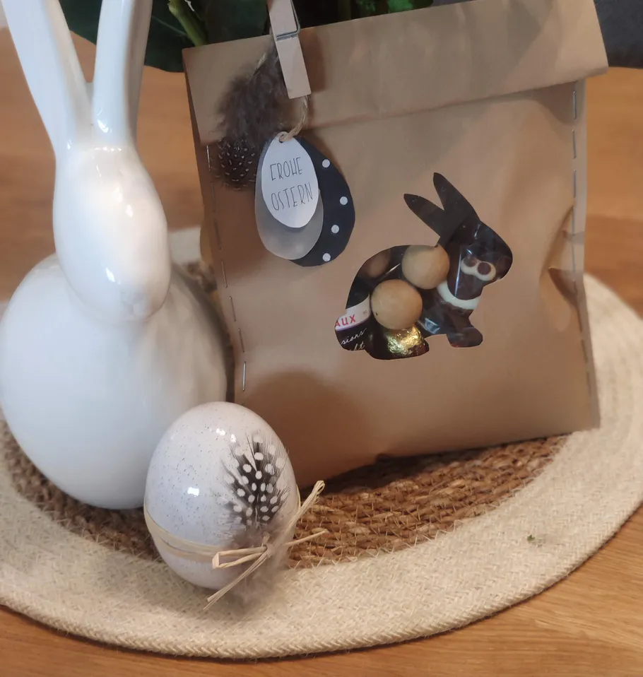 Ceramic rabbit, egg, and Easter gift bag.