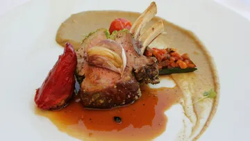 Lamb chop with sauce, vegetables, and puree on plate.
