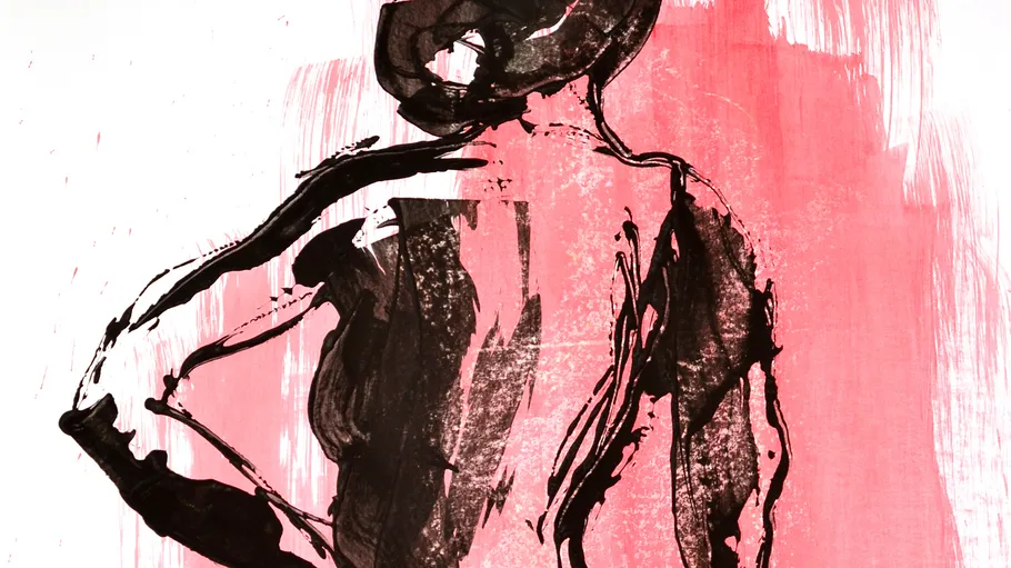 Abstract figure with hand on hip, pink background.