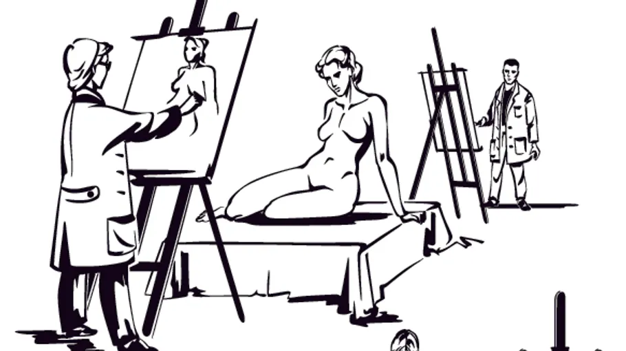 Artist painting a nude model in studio.