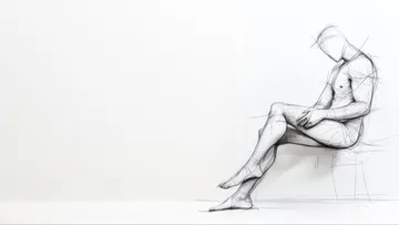 Sketch of person sitting on stool, white background.