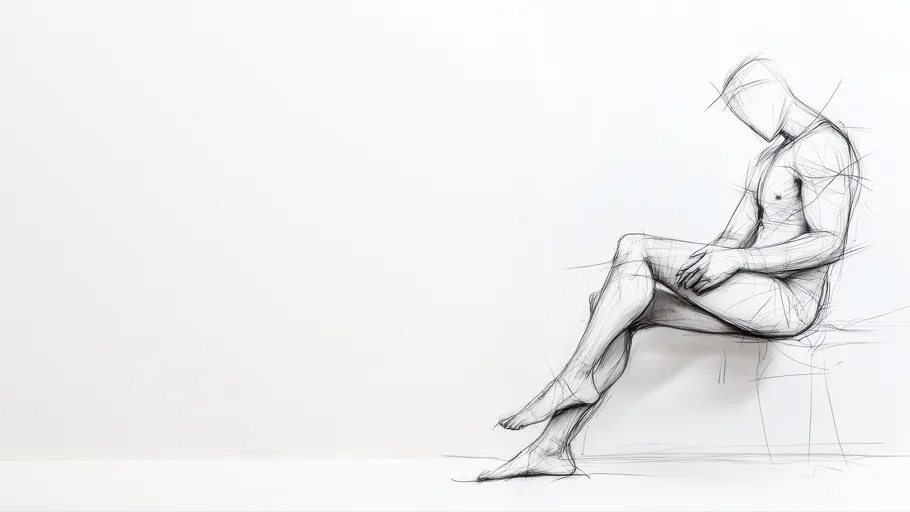 Sketch of person sitting on stool, white background.