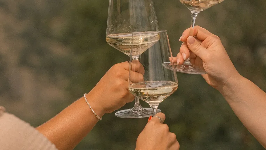 Hands clinking wine glasses outdoors.