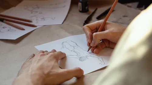 Person sketching on paper with pencil on table.