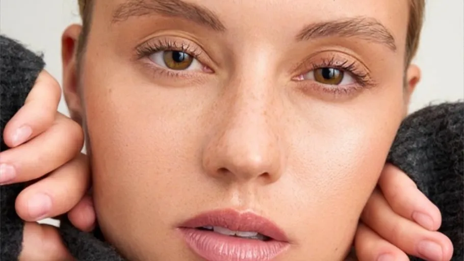 Nahaufnahme einer Person hält Kragen, neutraler Ausdruck.