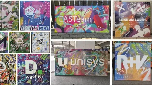 Colorful graffiti panels with company logos.