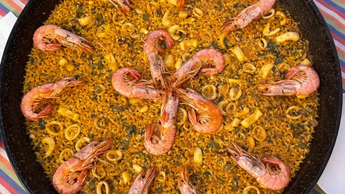 Spanish paella with shrimp and rice.