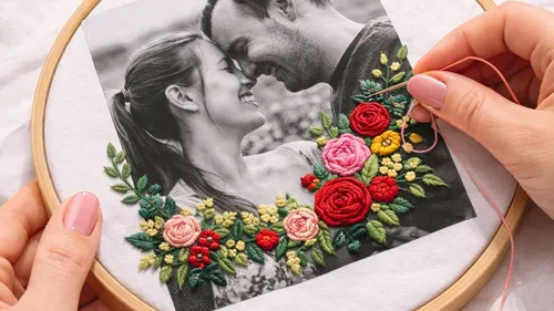 Hands embroidering colorful flowers on monochrome photo.