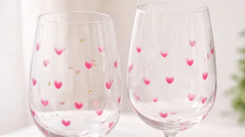 Zwei Weingläser mit rosa Herzmustern.