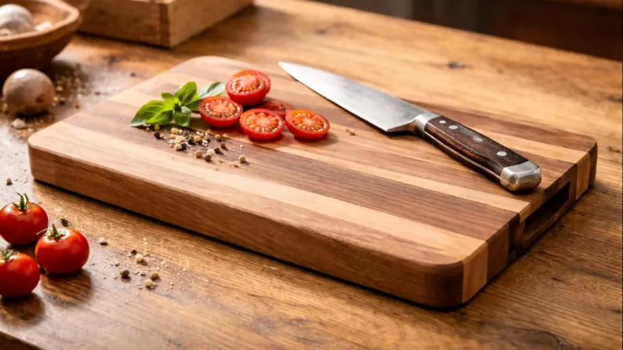 Wooden cutting board with knife, sliced tomatoes.