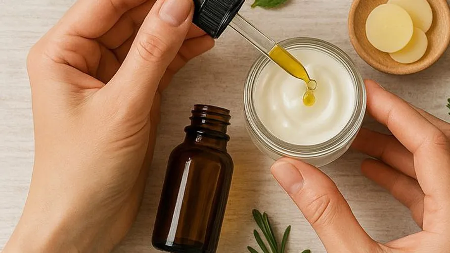 Hands mixing oil into cream jar on table.