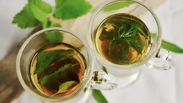 Two cups of herbal tea with fresh leaves.