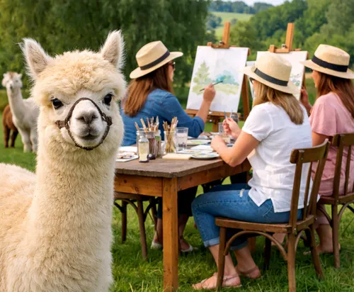 Alpaca watching people paint outdoors.