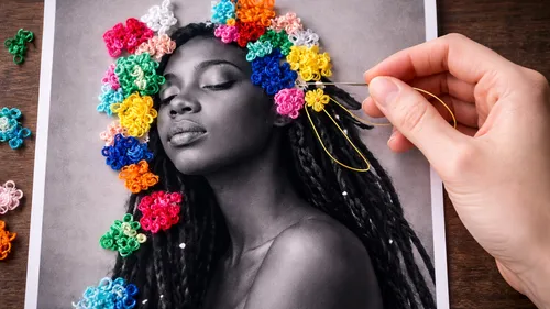 Hand stickt bunte Blumen auf Frauenfoto.