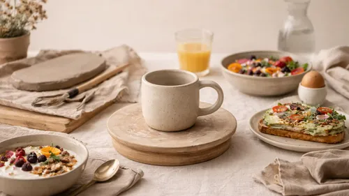 Frühstückstisch mit Kaffee, Toast und Joghurtschale.