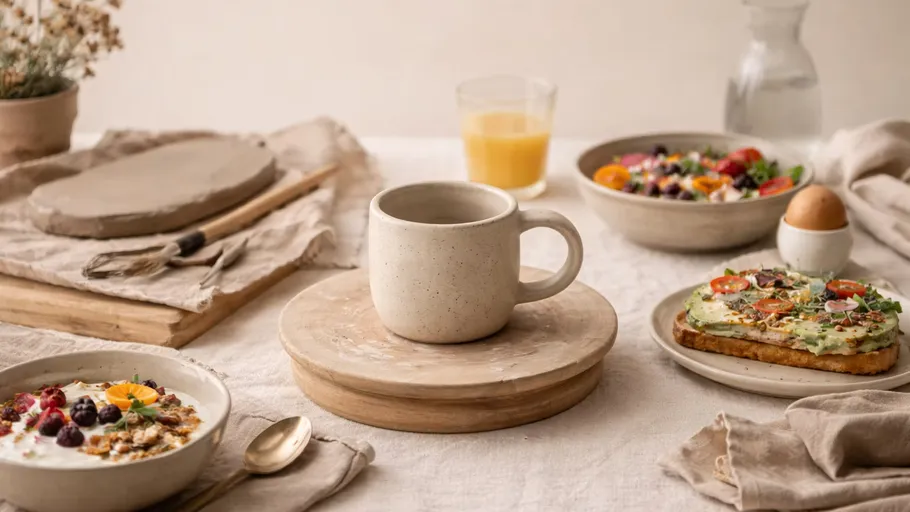 Breakfast setup with coffee, toast, and yogurt bowl.