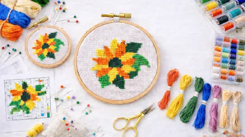 Two embroidery hoops with sunflower patterns and yarns.