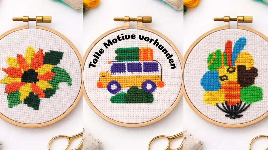 Three colorful embroidery hoops with designs.