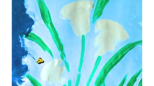 Abstract painting of flowers and leaves.