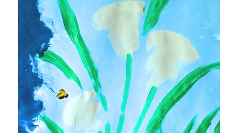 Abstraktes Gemälde von Blumen und Blättern.