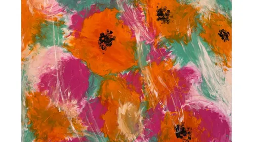 Abstract painting with bright floral patterns.