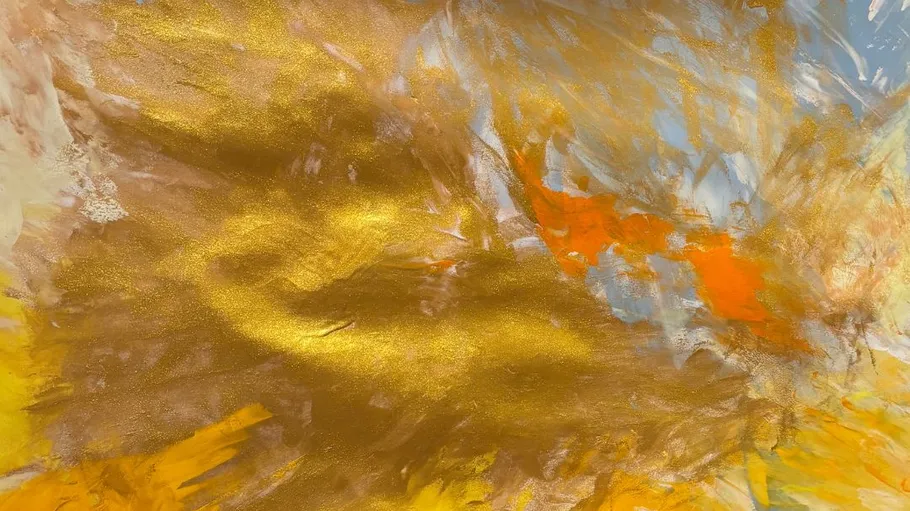 Abstract painting with gold and orange tones.