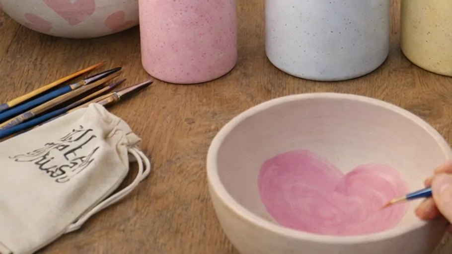 Hand painting a pink heart on a bowl.