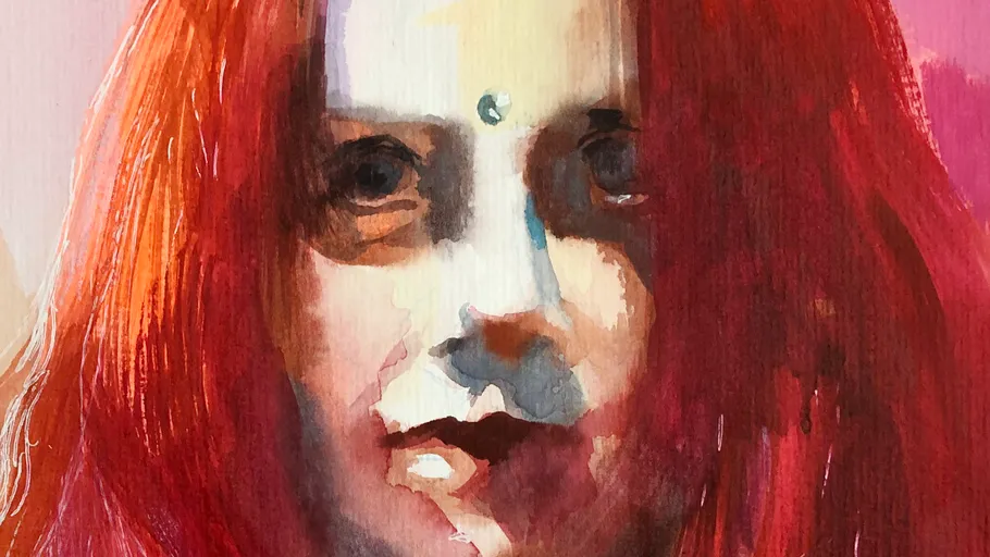 Watercolor portrait of person with red hair.