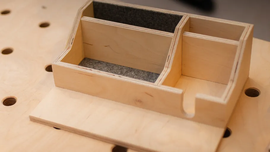 Wooden organizer on perforated workbench.