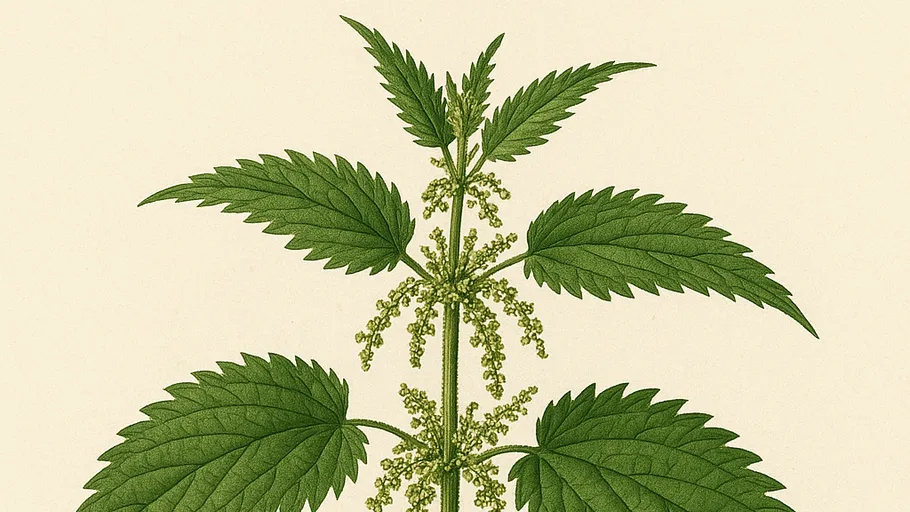 Drawing of nettle plant with leaves and flowers.
