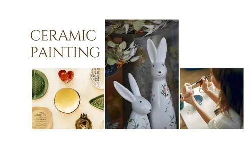 Keramikkunst: bemalte Teller, Hasenfiguren, Künstlerin malt.