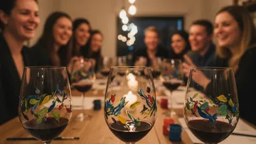 Painted wine glasses on table, people socializing.