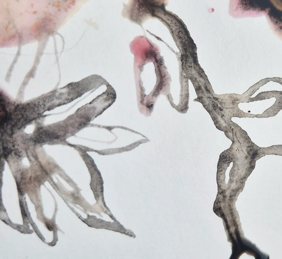 Abstract watercolor flowers with dark stems.