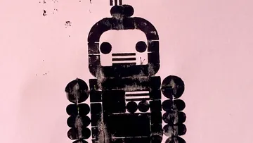 Abstract robot drawing with geometric shapes.