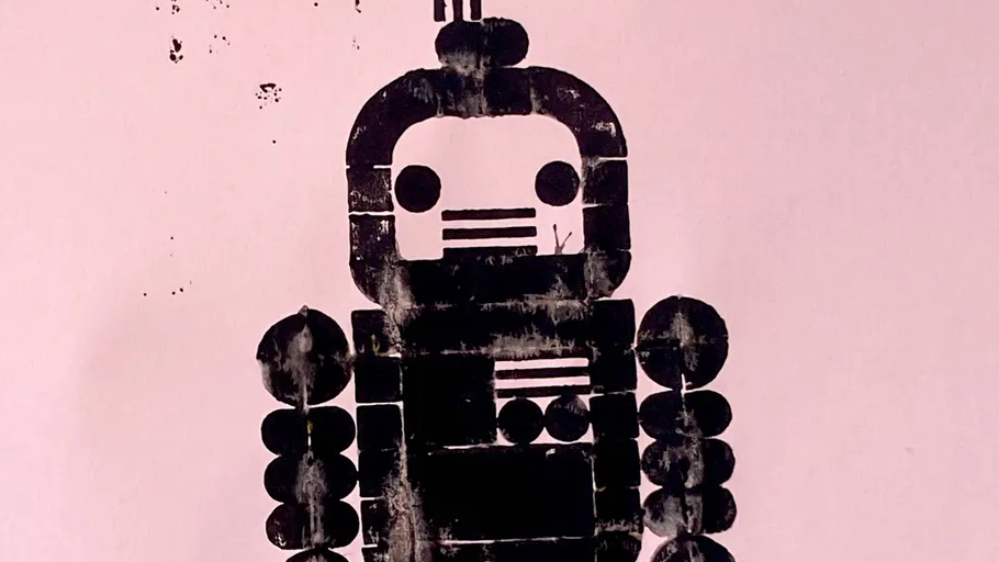 Abstrakte Roboterzeichnung mit geometrischen Formen.