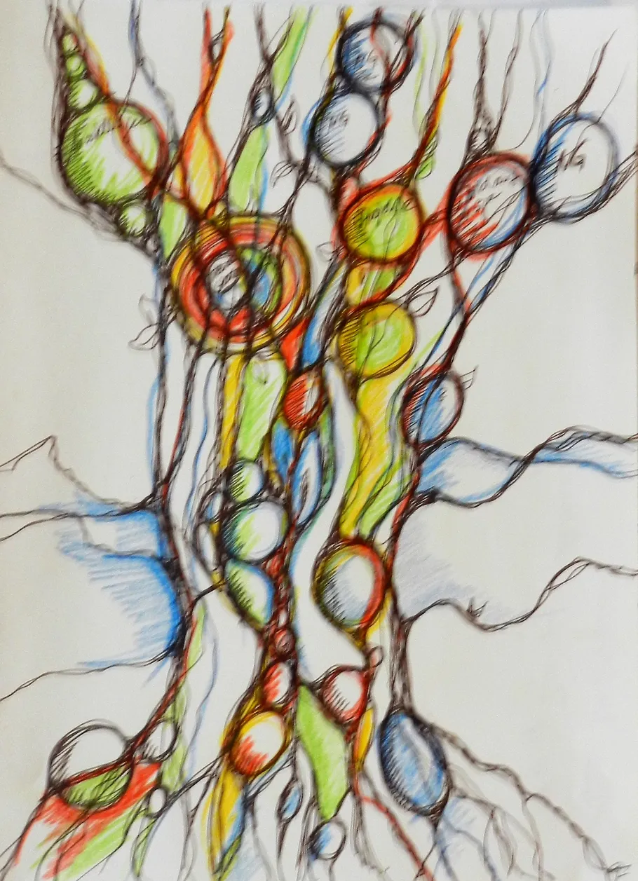 Abstract tree-like drawing with colorful circles.
