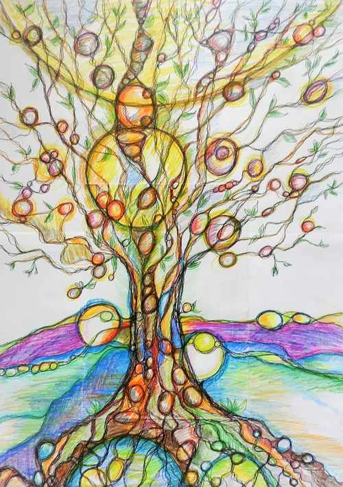Colorful abstract tree illustration with circles.