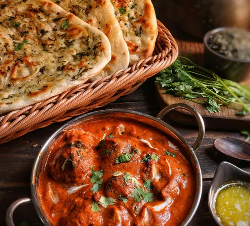 Butter chicken in bowl with naan bread.