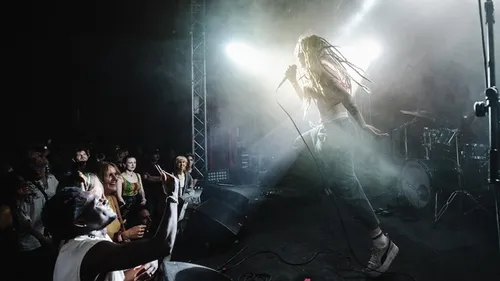 Singer with dreadlocks performing on stage, audience cheering.