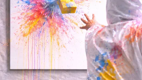 Artist splattering colorful paint on canvas.