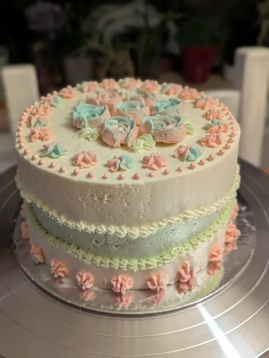 Tiered cake with pastel rose decorations.