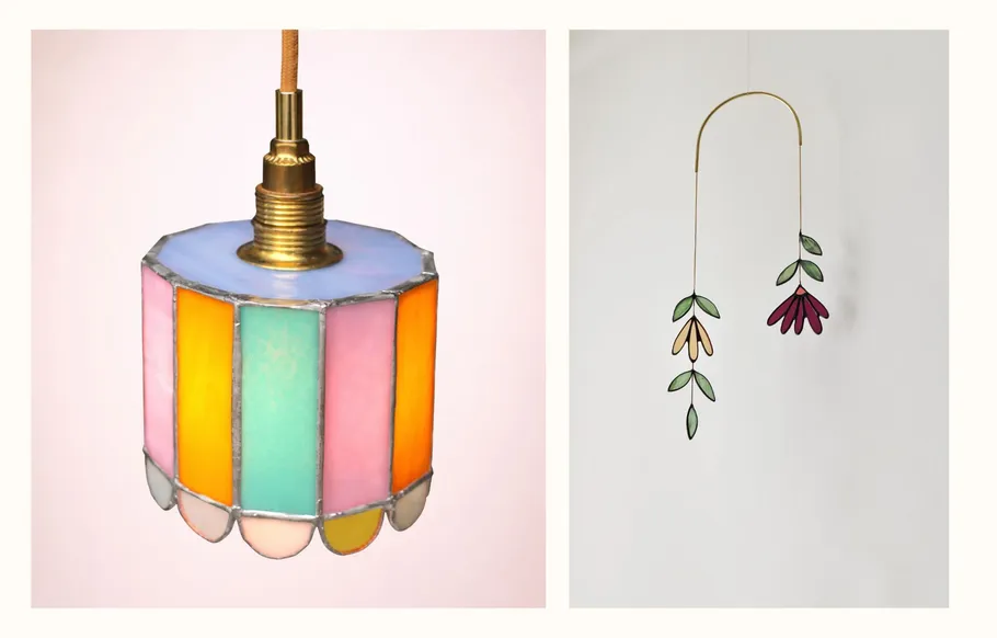 Colorful stained glass lamp and flower mobile.
