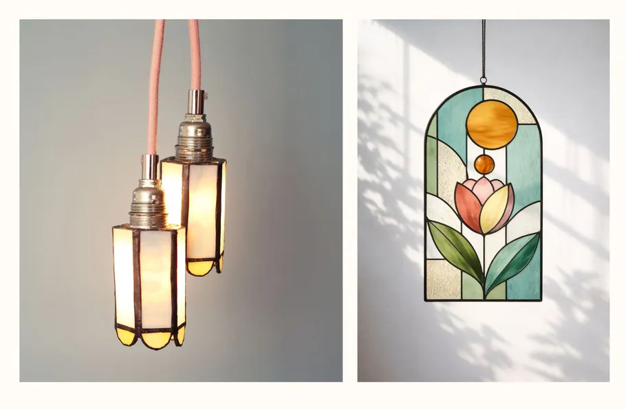 Two pendant lights; stained glass panel with flower.