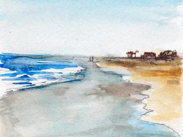 Strand mit Wellen, Menschen gehen entlang der Küste.