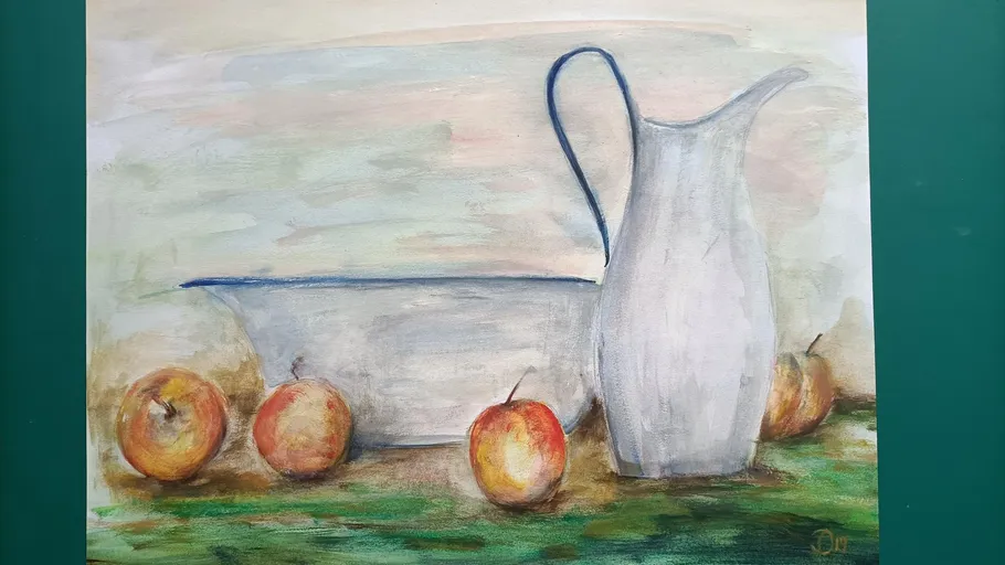 Still life with pitcher, bowl, four apples.