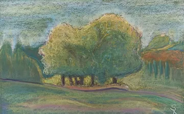 Abstract landscape with large green trees.