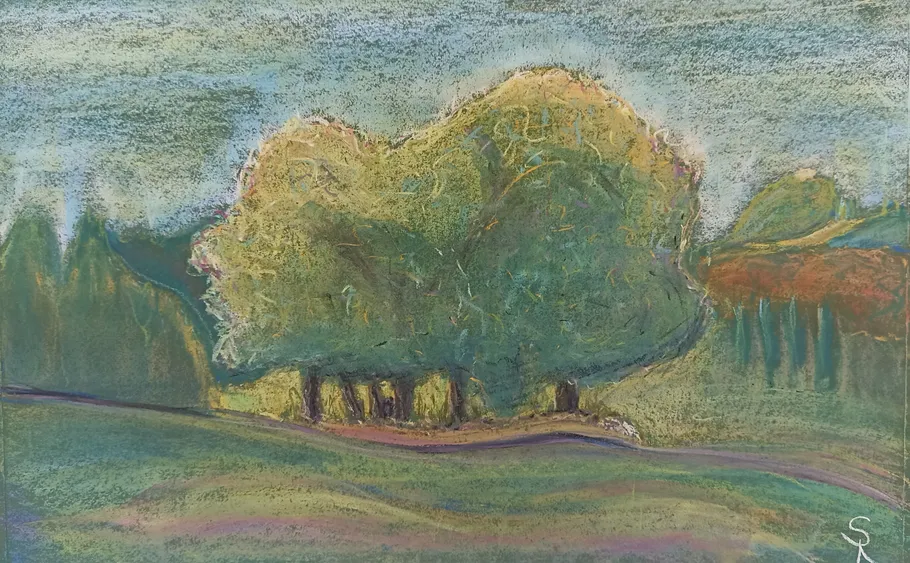 Abstrakte Landschaft mit großen grünen Bäumen.